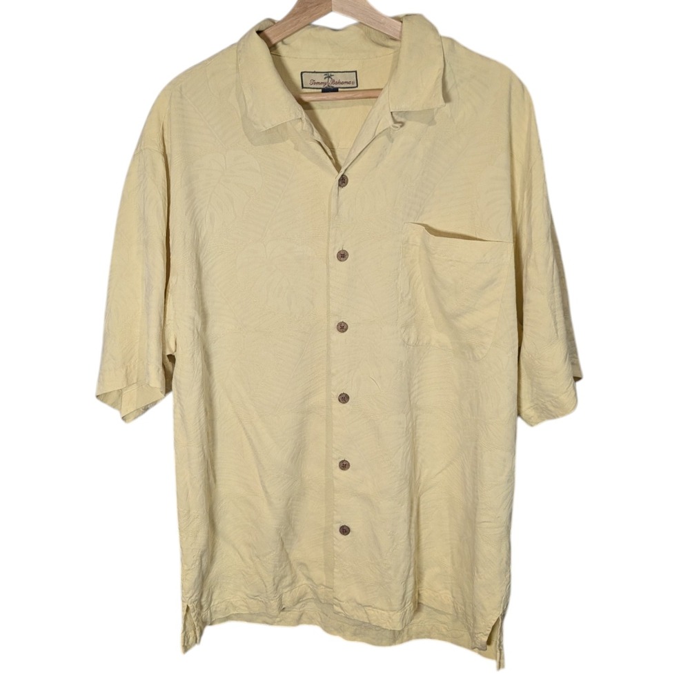 Tommy Bahama Mens Large Yellow 100% Silk Jacquard Tropical Leaf Camp Shirt L
